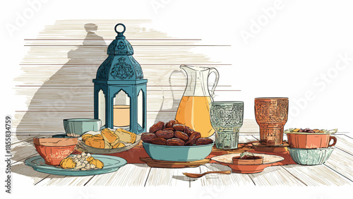 Traditional Middle Eastern Iftar Meal with Lantern and Dishes