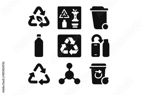 Drop cells reuse container route icon solid vector set recycling no flow