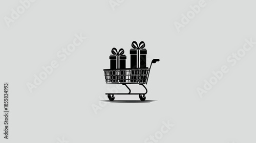 Minimalist black shopping cart icon with two gift boxes on light grey background, representing online shopping, sales, and holiday presents.
