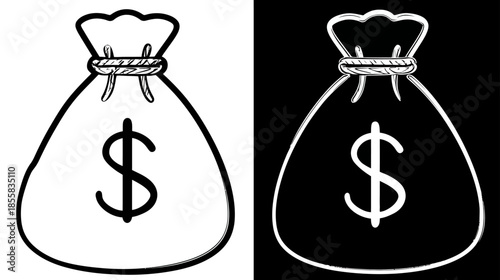 Black and white money bag with dollar sign icon illustration. Hand drawn graphic doodle symbolizing finance, wealth, currency, and savings.