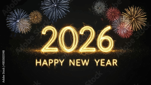 Bright 2026 New Year's Eve fireworks illuminate the night sky with festive celebration.