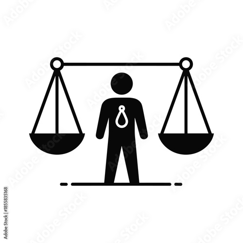 Person standing between balanced scales with noose