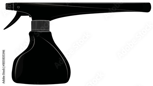 Generic black plastic trigger spray bottle for cleaning, hair care, or gardening. Isolated empty liquid dispenser.