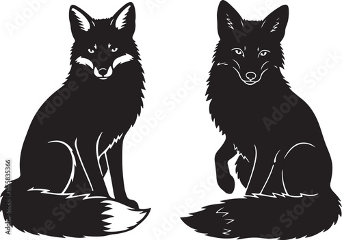 Two sitting black fox silhouettes isolated on a white background