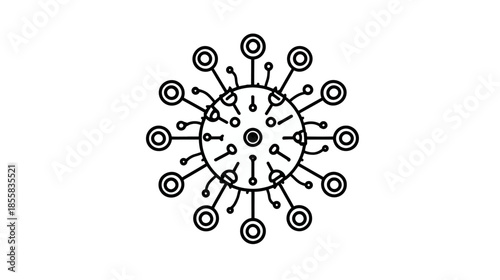Modern black and white line art icon of a microscopic virus or germ, symbolizing infection, disease, biology, and scientific research.