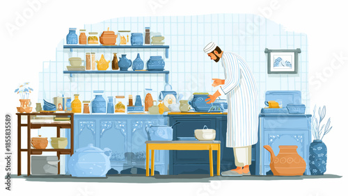 Chef in traditional kitchen preparing food with ceramic pots and jars