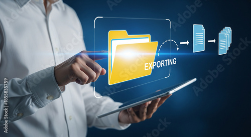 Digital data export process visualized on a tablet screen, showcasing efficient file management and secure information transfer for modern business technology solutions