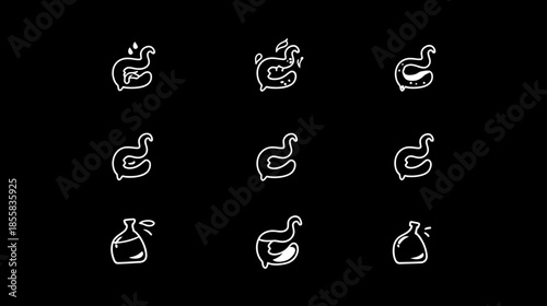 Set of minimalist line art icons depicting an abstract stylized swan or duck in various poses with liquid and beakers.