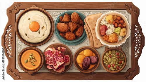 Traditional Middle Eastern Breakfast with Diverse Dishes on Wooden Tray