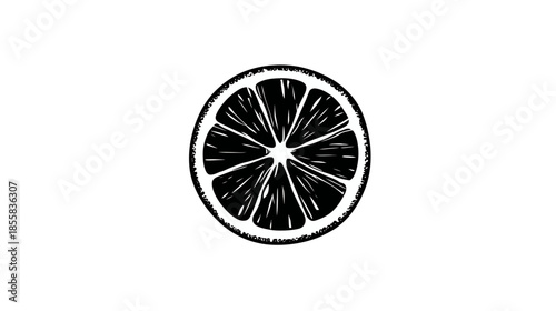 Black and white hand-drawn citrus fruit slice illustration. Woodcut style vector art of a lemon or lime cross-section.