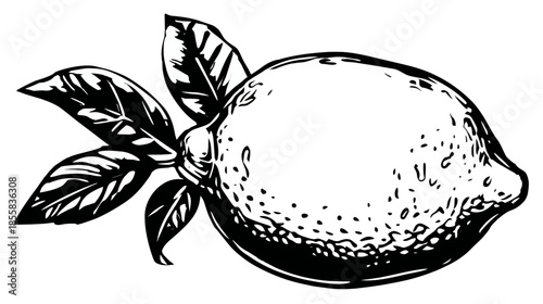 Detailed Black and White Engraving Style Vector Illustration of a Fresh Whole Lemon with Leaves, Isolated Citrus Fruit