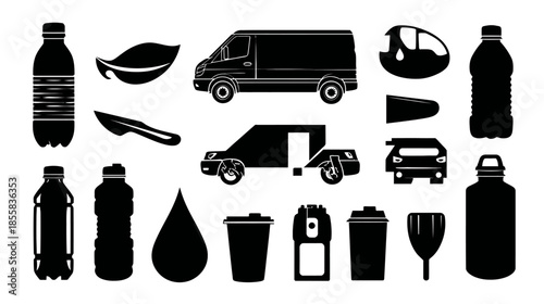 Various black silhouettes of plastic waste, containers, environmental symbols, and transportation vehicles for recycling concepts