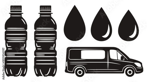 Set of black vector silhouettes: plastic water bottles, liquid drops, and a cargo delivery van. Isolated icons for packaging and transport.