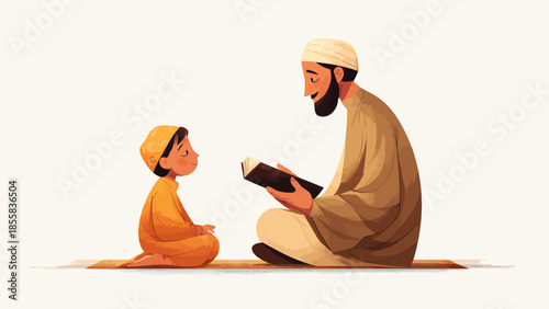 Father and son reading a book together in traditional attire