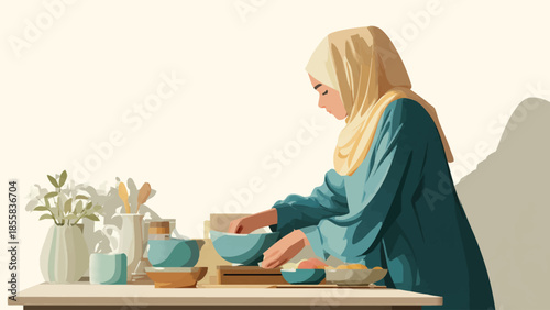 Woman in hijab preparing food in a cozy kitchen setting
