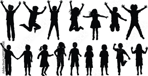 Joyful children silhouette vector collection, happy kids boys and girls jumping, playing, and standing with hands raised, celebrating freedom and fun, isolated 