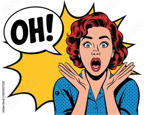 A surprised woman exclaims "OH!" in a comic book style illustration.