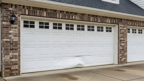White garage door with dented panel and brick wall exterior damaged