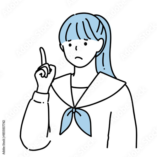 手描き　指差し　困った表情の女子高生のイラスト　　ブルー