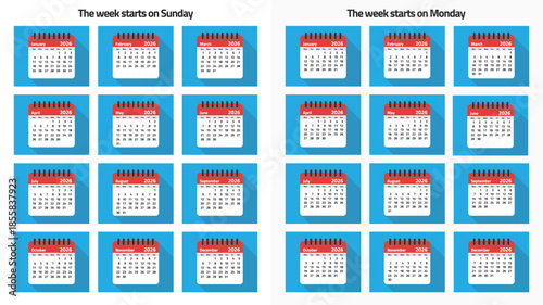 Monthly calendar templates for 2026. The week strats Sunday and Monday