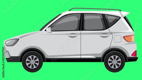 A side view of a white cartoon SUV with a roof rack against a vibrant green background.