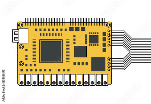 A yellow circuit board with many connections and integrated circuits is shown in a top-down view.