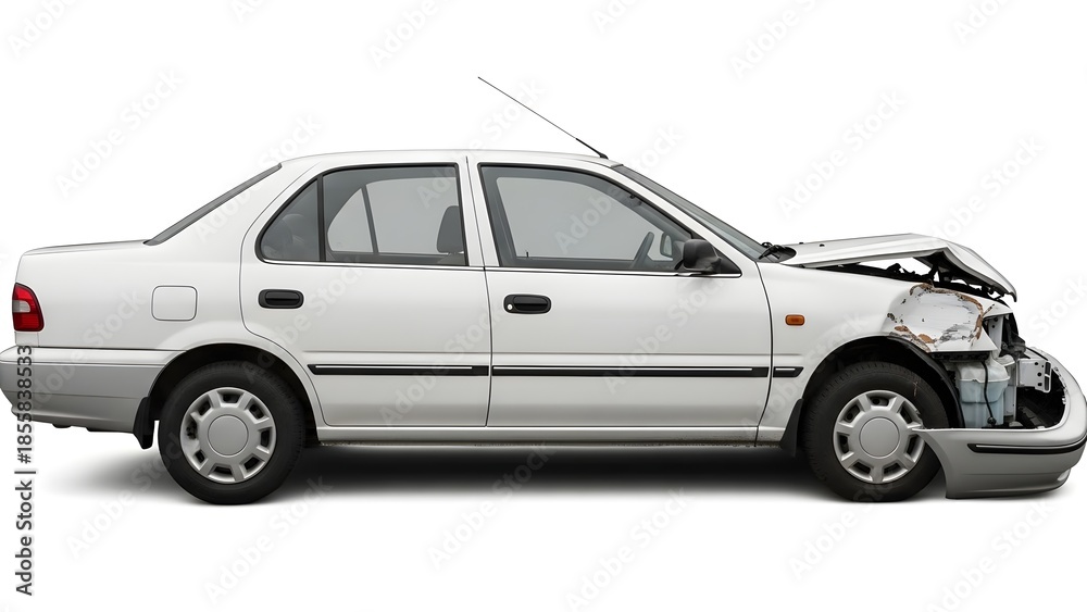 Fototapeta premium White sedan car with heavily damaged front end and bent hood automobile vehicle