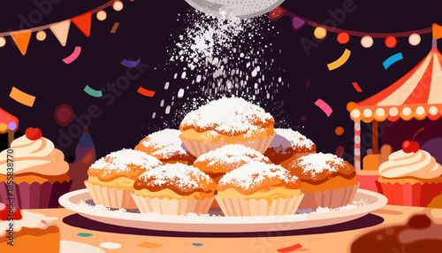 Delicious fried sweets sprinkled with powdered sugar at carnival  