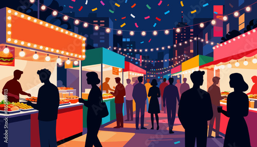 People enjoying carnival street food at night market festival  