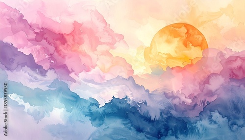 Vibrant watercolor sunset over tranquil mountain landscape with soft clouds and warm glow