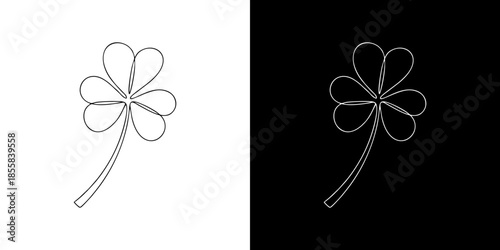 Simple line art drawing of a clover leaf on black and white backgrounds for a lucky charm theme