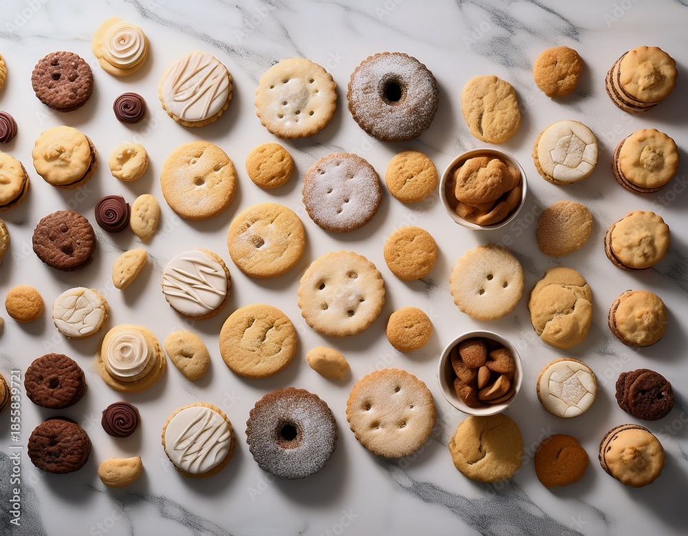 Obraz premium Assorted cookies and pastries flat lay dessert pattern on marble table
