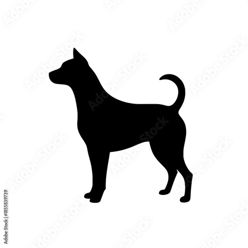 A solid black dog silhouette in a precise side view, standing confidently with its ears perked up and tail held high against a pure white background, showcasing a minimalist design with no shading, cr