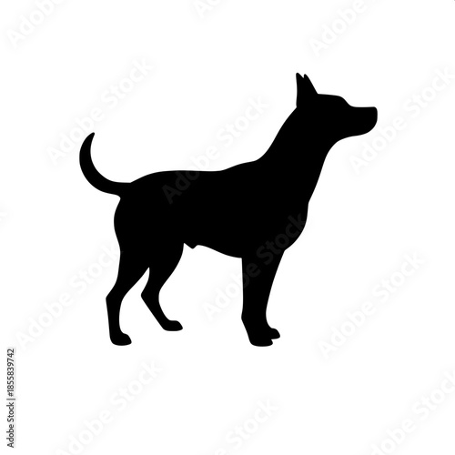A solid black dog silhouette in a precise side view, standing confidently with its ears perked up and tail held high against a pure white background, showcasing a minimalist design with no shading, cr