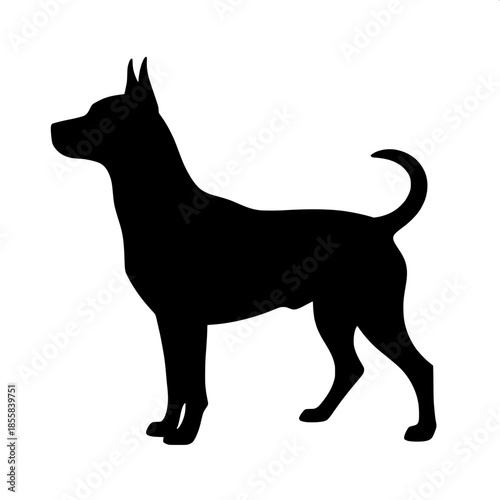 A solid black dog silhouette in a precise side view, standing confidently with its ears perked up and tail held high against a pure white background, showcasing a minimalist design with no shading, cr