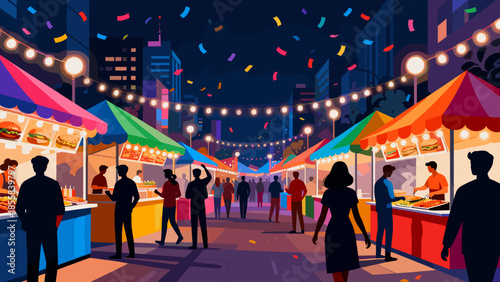 Colorful night market with food stalls and people celebrating  