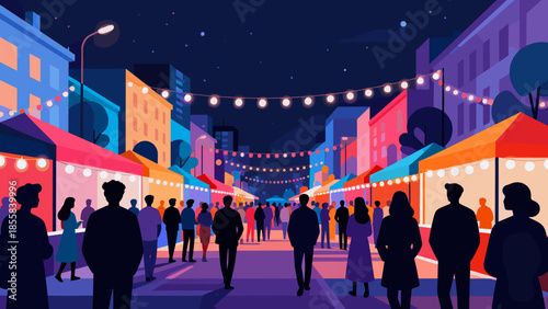 Colorful night market with people enjoying carnival street food  