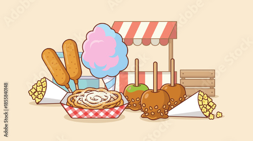 Carnival street food with cotton candy, corn dog, and treats  