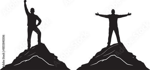 Victory and Achievement: Man on Mountain Top Silhouette Vector Icons