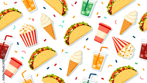 Colorful carnival street food pattern with tacos and beverages  