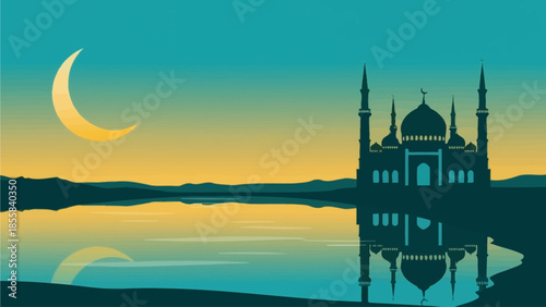mosque at sunset with crescent moon.