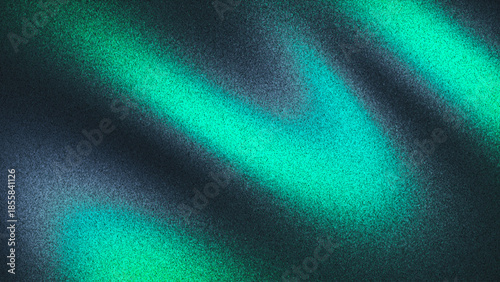 Grainy gradient background with deep green turquoise teal color waves created from thousands of individual dots. Minimal gradient waves with fluid motion and film grain texture for digital art project