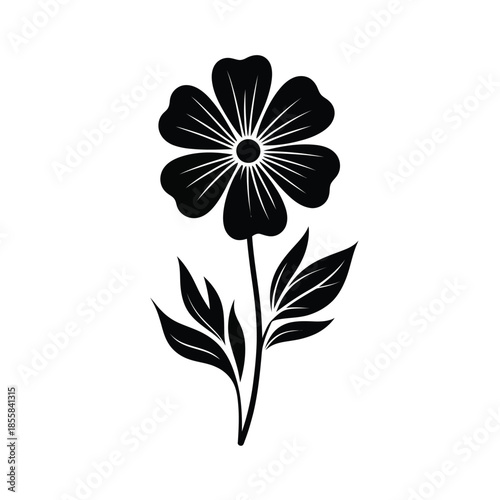 Simple black and white illustration of a single flower with leaves