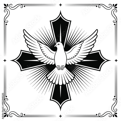 A white dove with wings spread before a black cross design