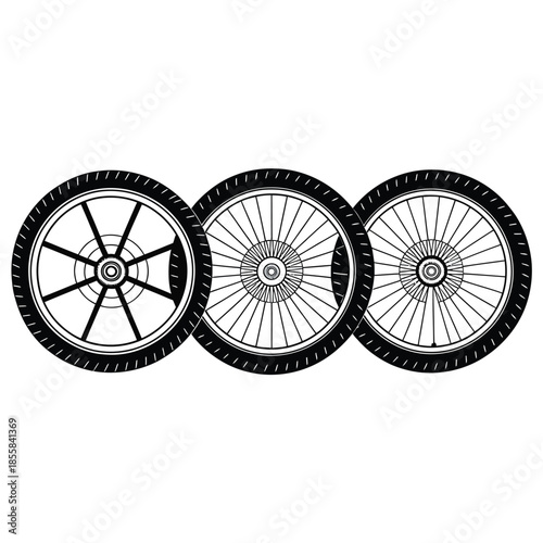 Three bicycle wheels arranged in a row detailed black and white illustration