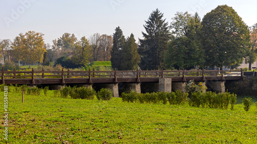 Wooden Bridge Way to Fortress Historic Landmark in Slavonski Brod Croatia at Autumn Day Travel