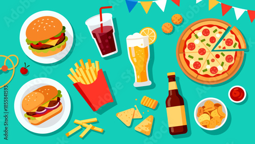 Colorful display of carnival street food including burgers and pizza  