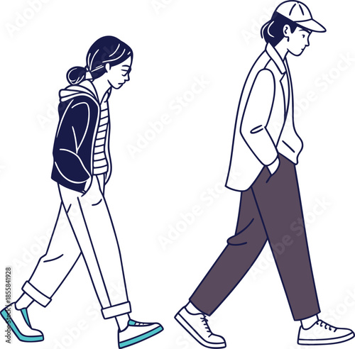 Two young adults walking together in casual stylish outfits
