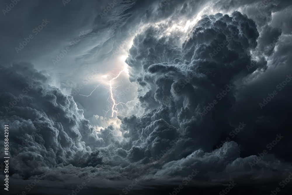 Naklejka premium Powerful thunderstorm unleashes nature's fury over the darkened sky as lightning streaks through thick, swirling clouds during an evening storm