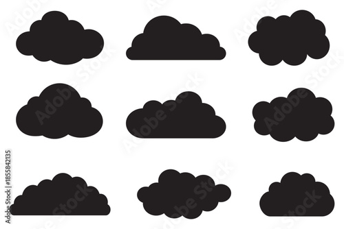 set of nine simple black cloud silhouette icons for weather forecasts and sky background designs.